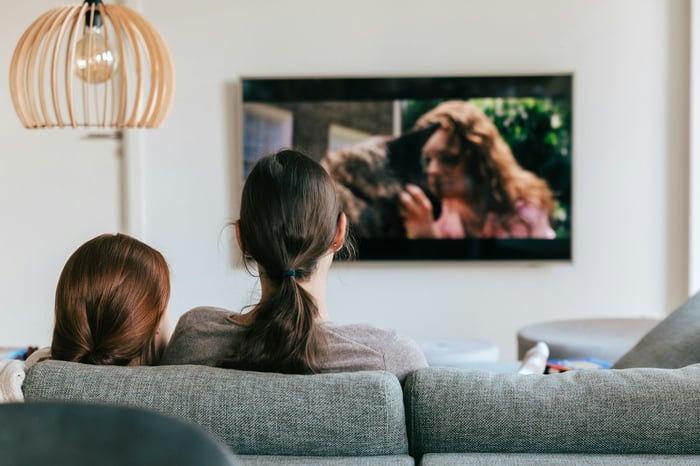Two women watching a movie at home