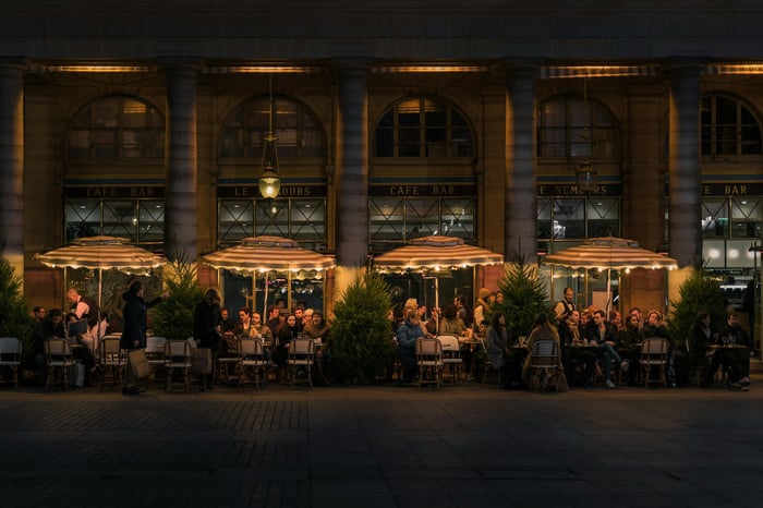 Outdoors seating area of a swanky restaurant